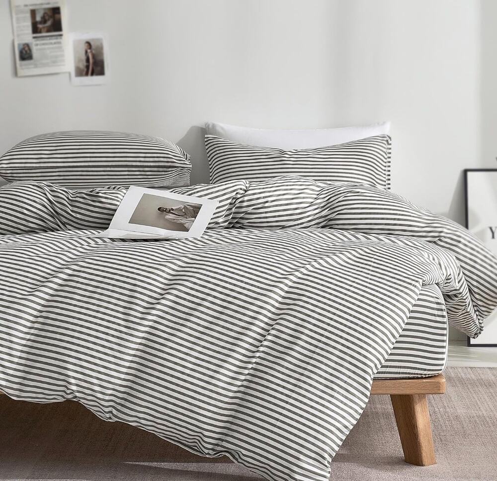 JELLYMONI 100% Cotton Wide Striped TDuvet Cover Set, White/Gray XL Twin